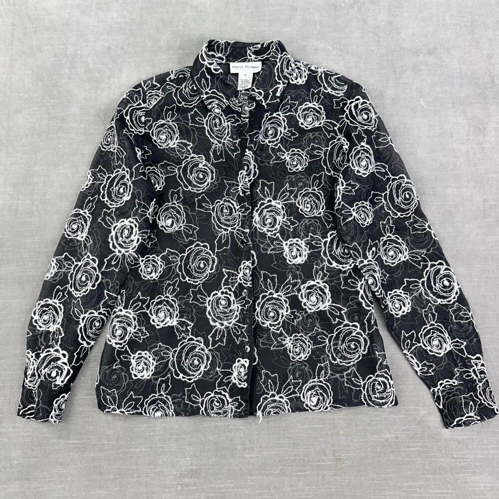 Vintage Rena Rowan‎ Blouse Women’s 6 Black White Silk Sheer Y2K Romatic Whimsey